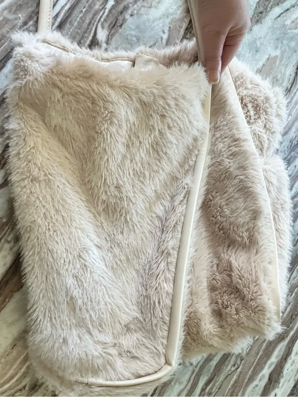 Cream Victoria’s Secret Faux-Fur Tote Bag with gold VS logo